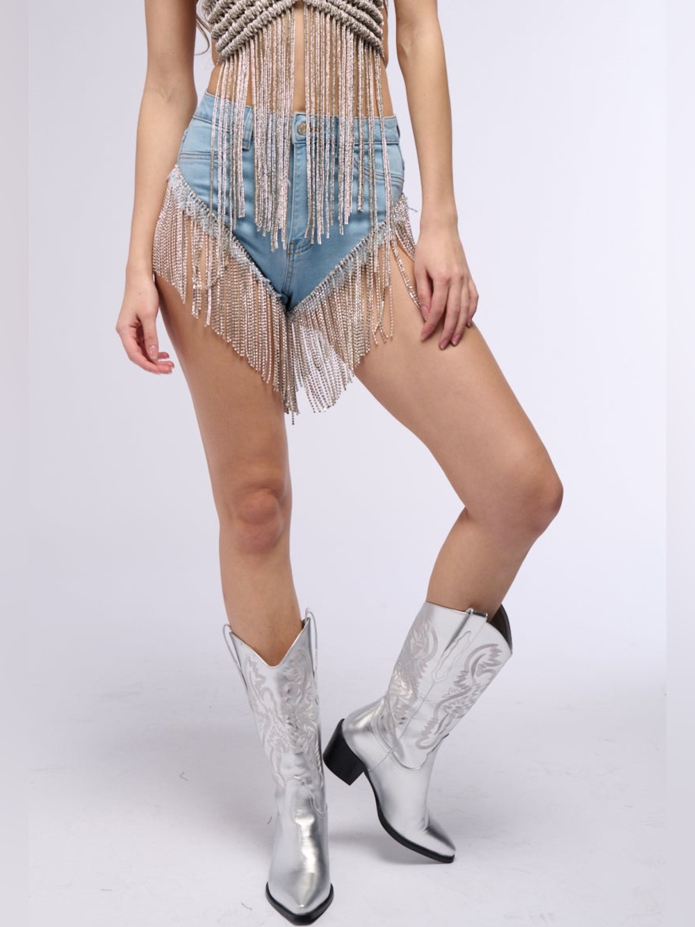 Azalea Wang Gonna Love Me Waterfall Rhinestone Denim Shorts Festival Boho Large - Picture 7 of 16